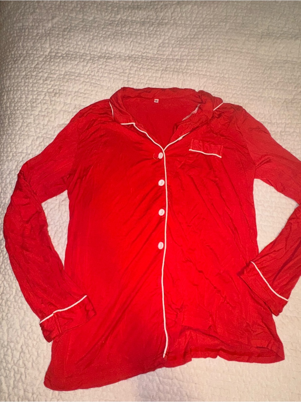 Red Long-Sleeve Women’s Pajama Top with Contrast Piping